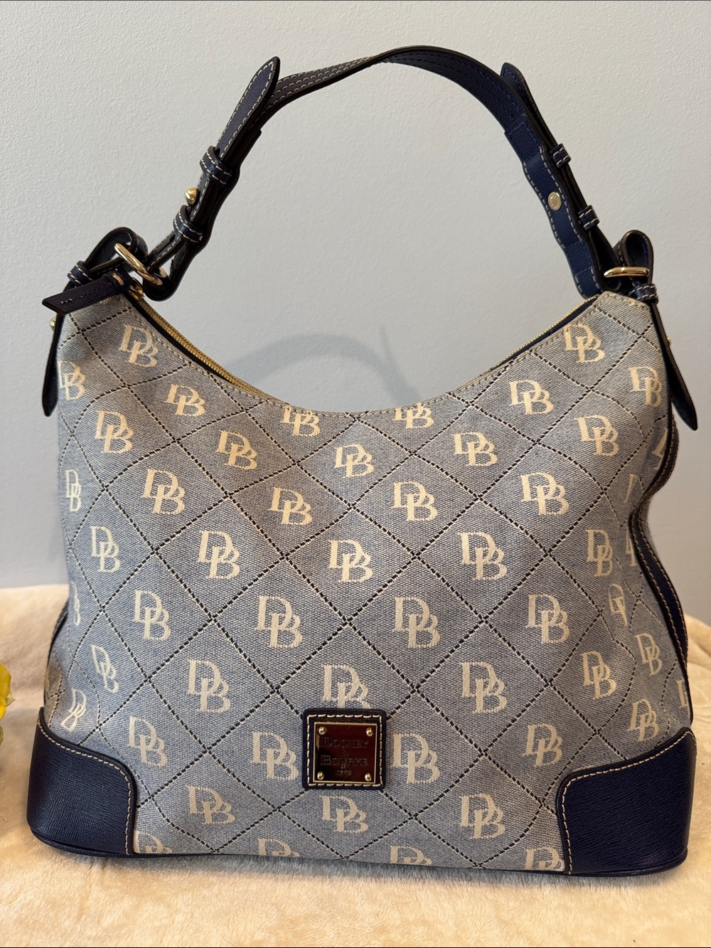 Dooney & Bourke Y2K Large Erica Signature Monogram Handbag Blue Denim/Navy Trim